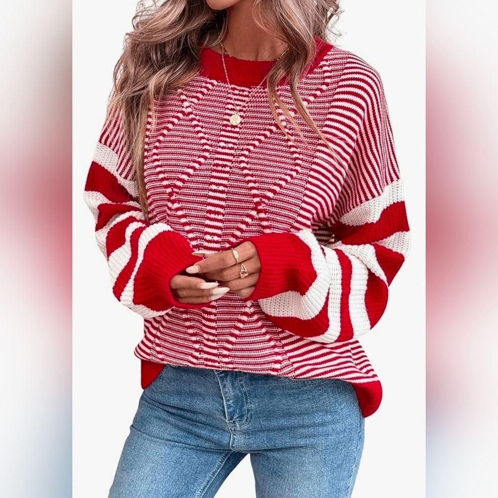 🩵🅰️NWOT Red & White Striped Knit Long Sleeve Sweater Large - Picture 16 of 16